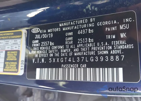 2020 Kia Optima Lx из США, поврежденный, VIN 5XXGT4L37LG393887